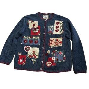 Vtg Heirloom Collectibles Embroidered Love Valentine Cardi Sweater Teacher Sz L
